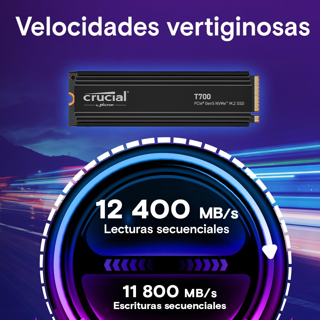 Crucial T700 SSD 4TB PCIe Gen5 NVMe M.2 SSD Interno Gaming con Disipador Premium, Hasta 12.400MB/s, Microsoft DirectStorage, Compatibilidad PCIe 4.0, Disco Duro SSD - CT4000T700SSD5