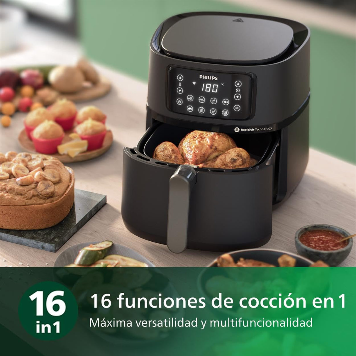 Philips Airfryer Serie 5000 XXL, WIFI, 7.2L (1.4Kg), Freidora De Aire con función 16 en 1, 90% Menos de grasa, Tecnología Rapid Air, Pantalla Digital, 8 preajustes, NutriU App con Recetas (HD9285/90)