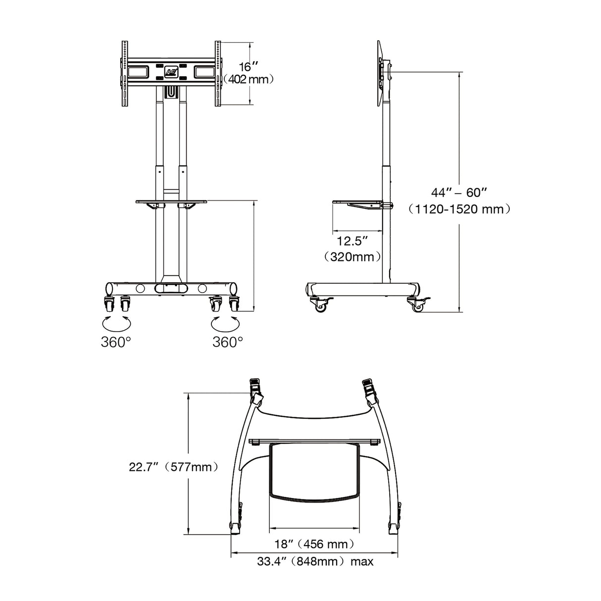 Soporte móvil de Suelo para Pantallas LCD, LED, Plasma y curvadas de 32" a 70" (81cm-178 cm de Diagonal) con VESA máx. 600 x 400 mm, hasta 45.5 kg