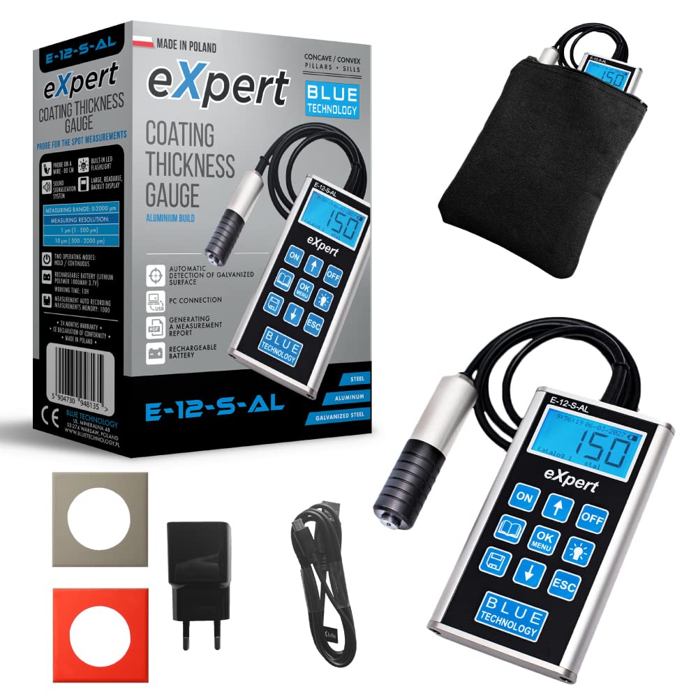 Blue Technology Medidor de espesor de capa para coche E-12-S-AL eXpert | Medidor de pintura para carrocerías de acero y aluminio | Medidor de espesor de pintura detecta zinc en la carrocería |