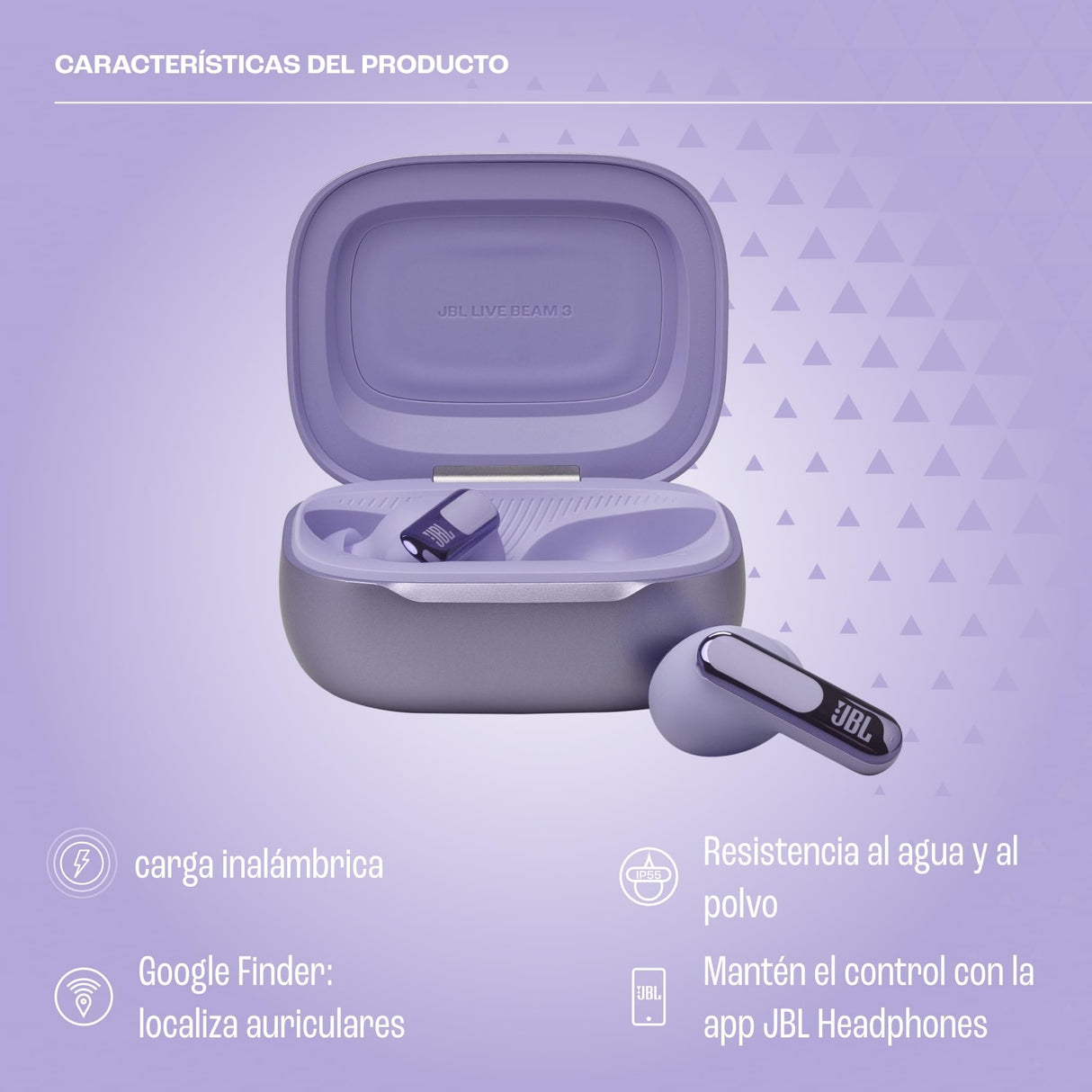 JBL Live Beam 3 Auriculares inalambricos de botón con almohadillas,True Wireless con cancelación de ruido adaptable, hasta 48 horas de reproducción, Bluetooth, audio de alta resolución, violeta