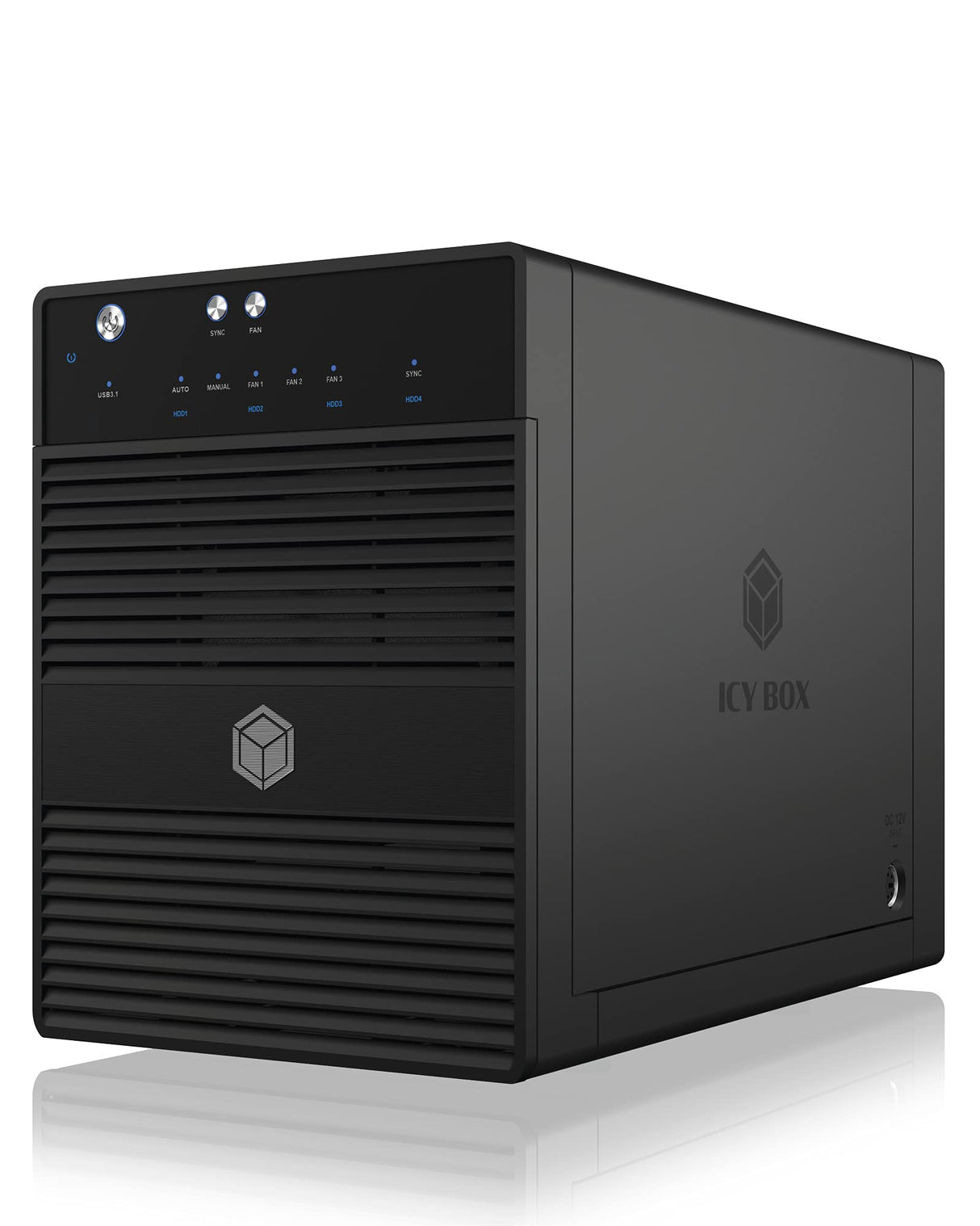 ICY BOX Externes 4-Fach USB-C Gehäuse für 2,5 Zoll & 3,5 Zoll SSD und Festplatten, USB 3.1 (Type-C, Gen 2), JBOD, Lüfter, SATA, Aluminium, Schwarz