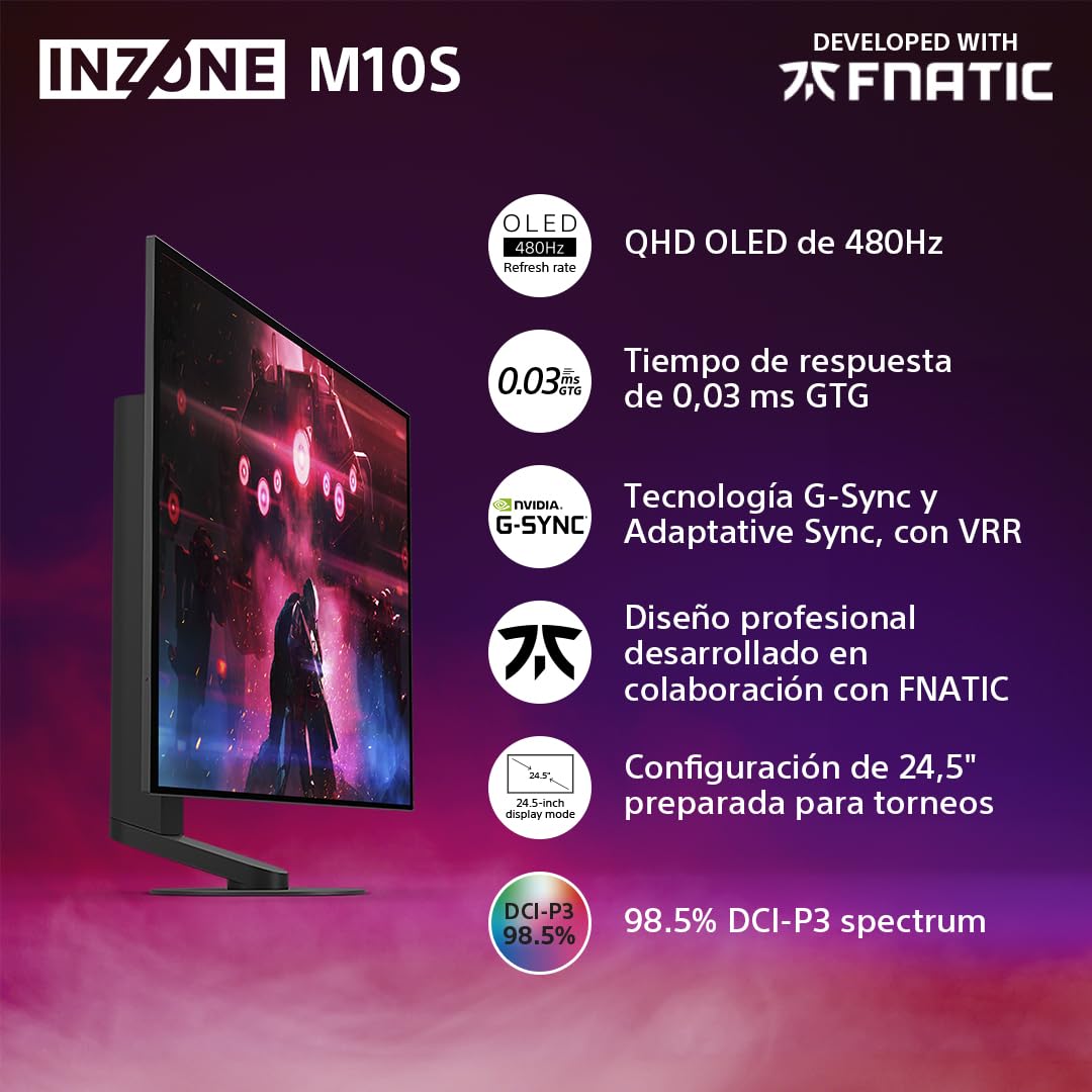 Sony INZONE M10S Monitor Gaming 27": 1440p, 480Hz, 0,03ms GTG, DCI-P3 98,5%, G-Sync, Adaptive Sync, VRR, Modelo desarrollado con Fnatic, 1.300 nits, DisplayPort 2.1-2 x HDMI 2.1 PC y PS5