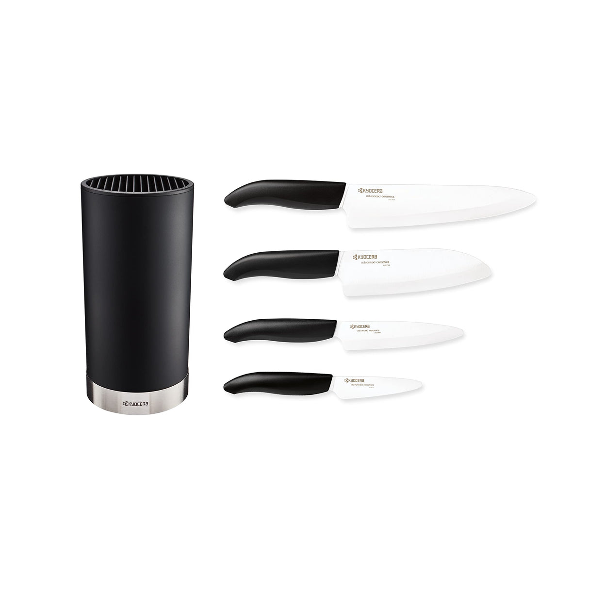 KYOCERA Juego de cuchillos de cerámica con cuchillo de pelar GEN, cuchillo multiusos, cuchillo universal y cuchillo Santoku y bloque de cuchillos redondo para 8 cuchillos, KB-RD BK 4KN FK EU