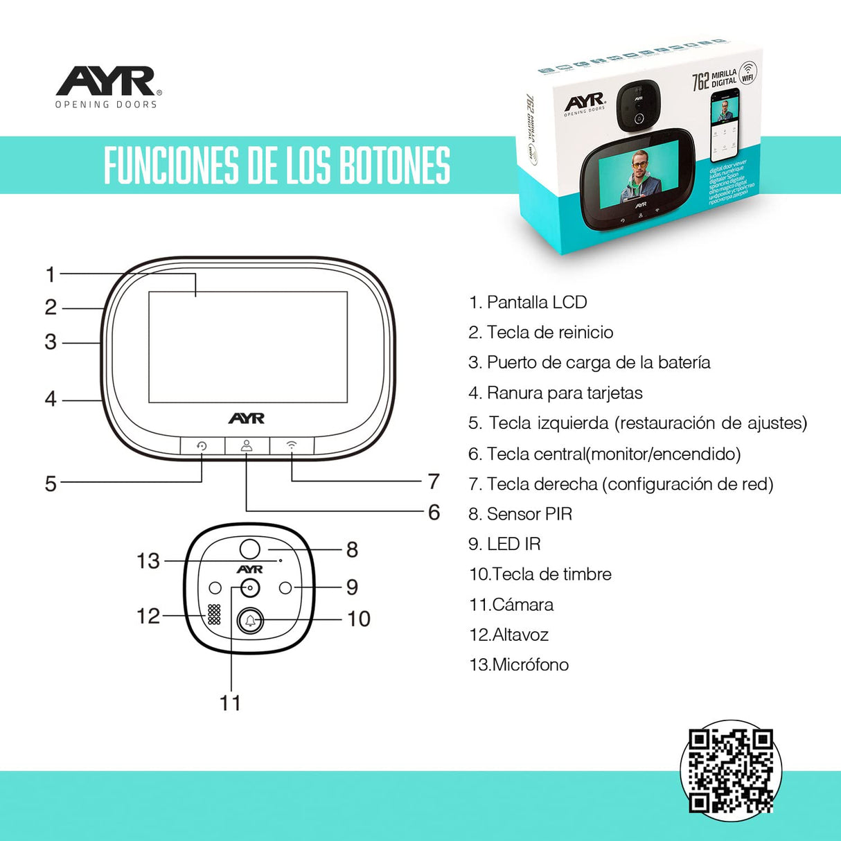 Mirilla Digital WiFi AYR 762. Protege TU Puerta. Gran Pantalla de 4,3", Sensor de Movimiento, Infrarrojos y visión Nocturna. Prúebala con Alexa y Google Home.