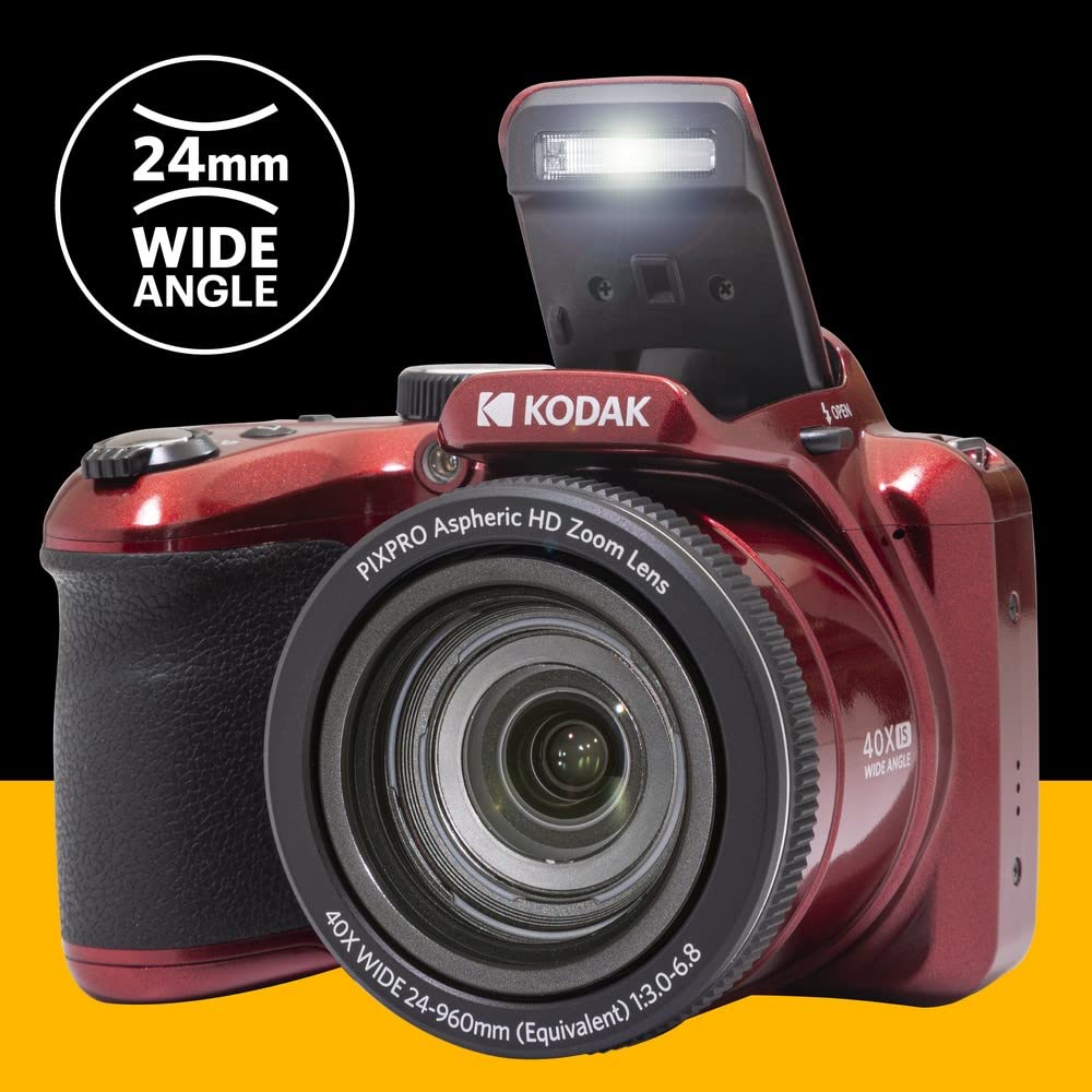 KODAK Pixpro Astro Zoom AZ405 - Cámara Digital Bridge, Zoom 40x, Gran Angular de 24 mm, 20 Megapíxeles, Pantalla LCD de 3", Video Full HD 1080p, Estabilización Óptica de Imagen (OIS), Pilas AA - Roja