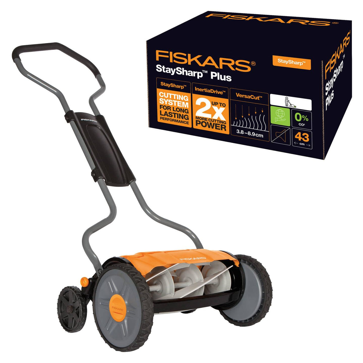 Fiskars Cortacésped manual, Cortacésped cilíndrico con sistema de corte sin fricción de las cuchillas, Largo de corte: 43 cm, StaySharp Plus, Negro/Naranja/Plateado, 1015649