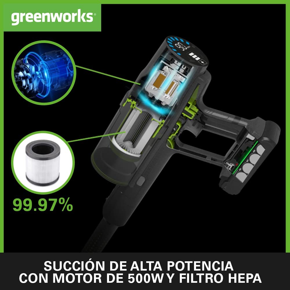 Greenworks GD24SV Aspiradora sin Cable, Gran Poder de Succión, 45 min de Operación, Filtro HEPA, Herramienta para el Pelo de Mascotas, 3 Niveles de Energía SIN Batería ni Cargador, Garantía de 3 Años