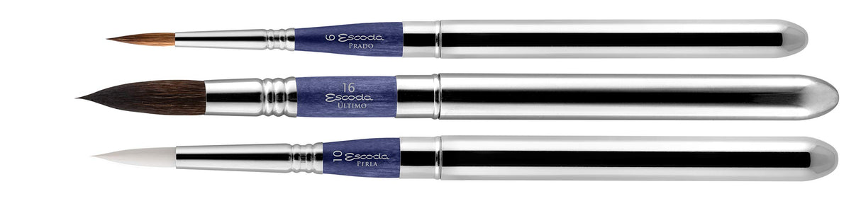 ESCODA Set 3 Pinceles Acuarela - Blue Set Viaje N.6,10,16 Redondo Punta Pelo Sintético Serie Prado Perla Último Estuche Tela Profesional Fabricado a Mano en España.
