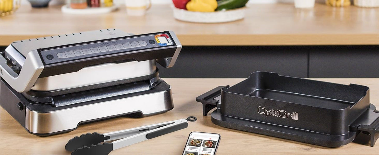 Tefal OptiGrill GC776D10 - Barbacoa de contacto 4 en 1 con bandeja para horno, plegable, 9 programas, indicador de nivel de cocción, parrilla eléctrica, horno
