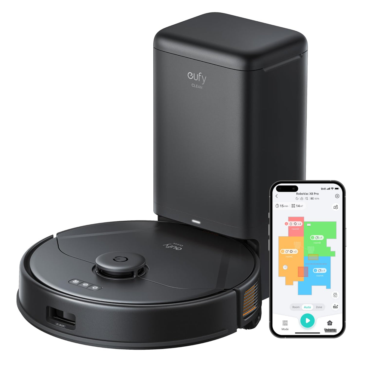 eufy Clean Robot Aspirador con Base Autovaciado X8 Pro, 2 turbinas Twin-Turbine™ de 4000 Pa, Cepillo Giratorio antienredos y Laser Navigation iPath™ para Limpiar Pelo de Mascotas en alfombras