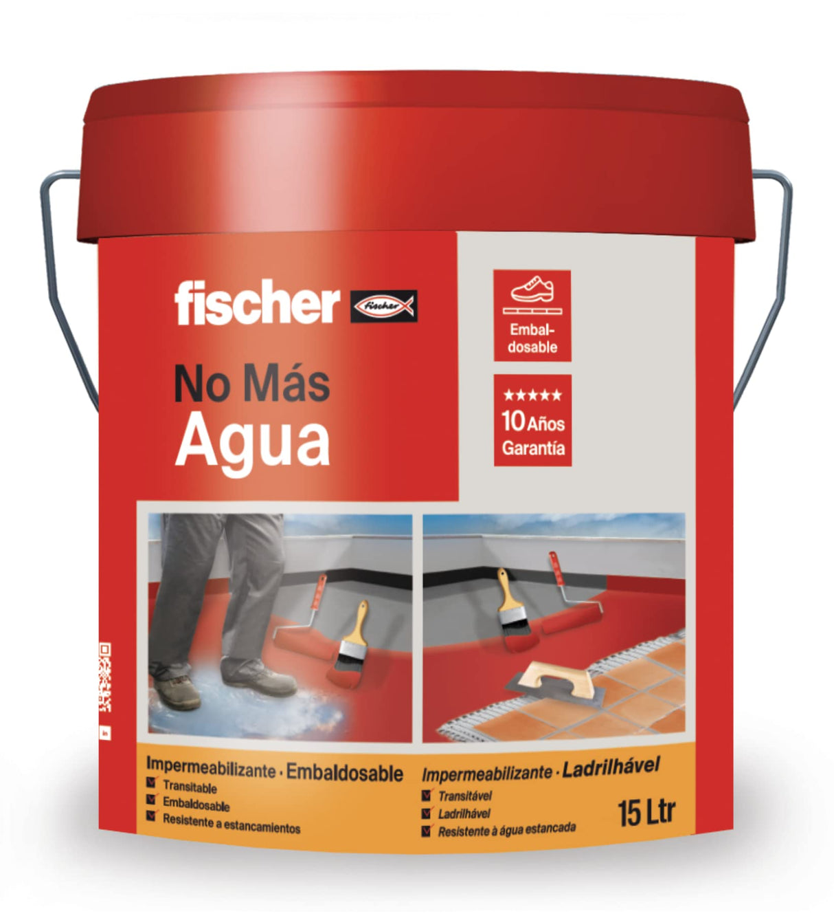 fischer - Pintura Impermeabilizante Embaldosable | Protección y Resistencia UV | Membrana Líquida Acrílica y de Poliuretano | Alta Elasticidad y Adherencia | 15l | Terracota