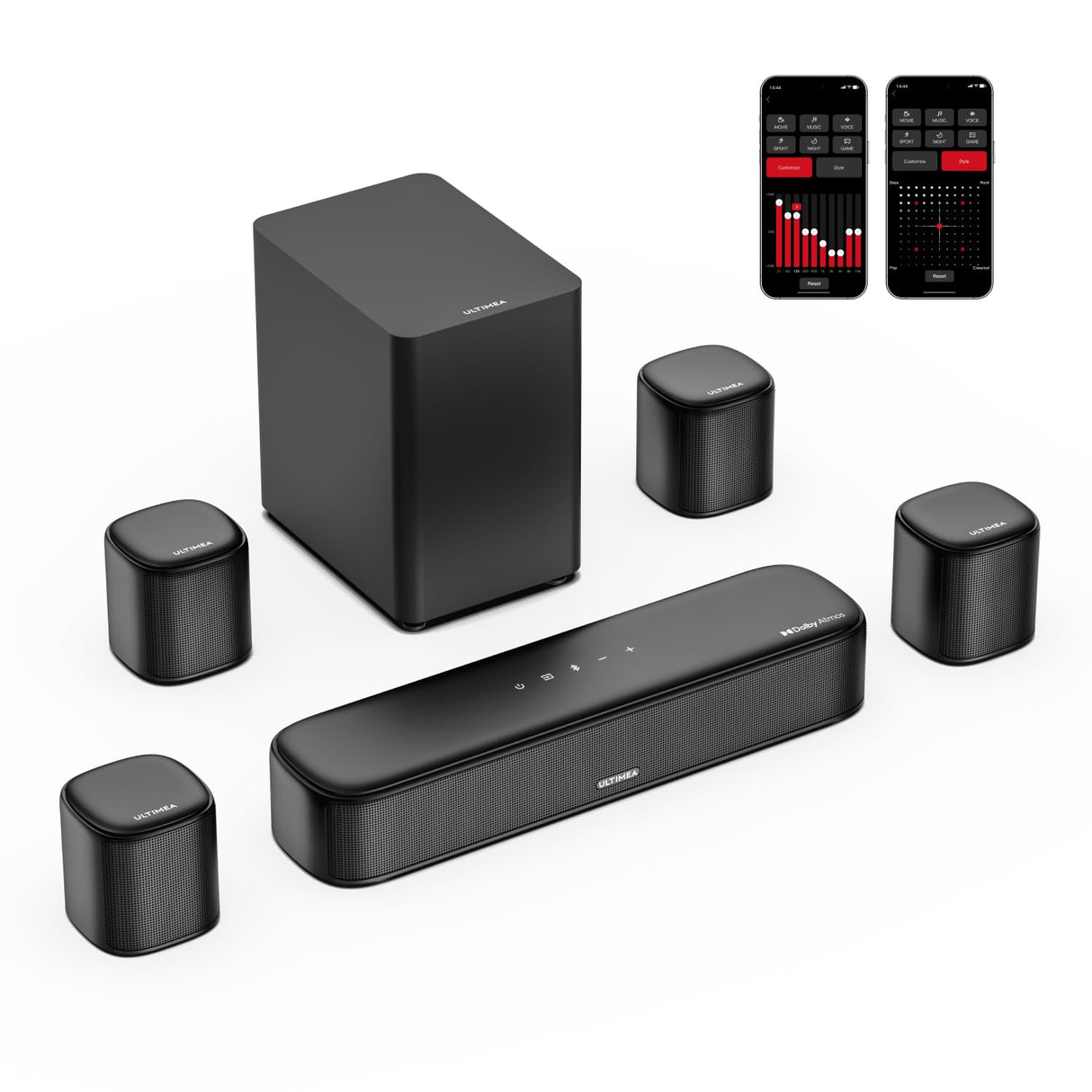 ULTIMEA Aura A60 7.1 Dolby Atmos Soundbar, con Subwoofer, Altavoz TV con Control a través de App, Sistema Surround Cinema 3D con 4 Altavoces Surround, TV Soundbar con HDMI eARC de 350W, Bluetooth