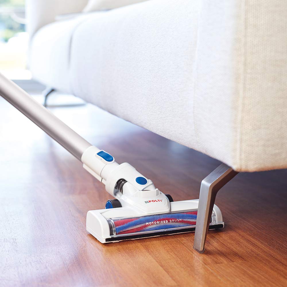 Polti Forzaspira Slim SR90B, Escoba Eléctrica Recargable sin Cable, Doble Función con Aspirador Portátil, Tecnología Ciclónica, hasta 40 Minutos Autonomia, Parking Vertical, Blanco y Azul