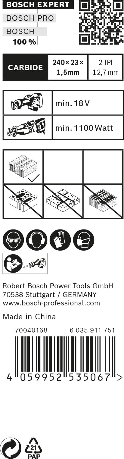 Bosch Professional 10x Hojas de sierra sable Expert `Hollow Brick` S 1543 HM (para Bloque de construcción de poroton, Longitud 240 mm, accesorios Sierra sable)
