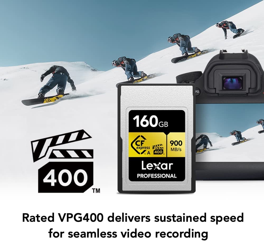 Lexar Tarjeta de Memoria Profesional CFexpress Tipo A Gold Series de 160 GB, hasta 900 MB/s de Lectura, Video 8K de Calidad cinematográfica, clasificada VPG 400 (LCAGOLD160G-RNENG)