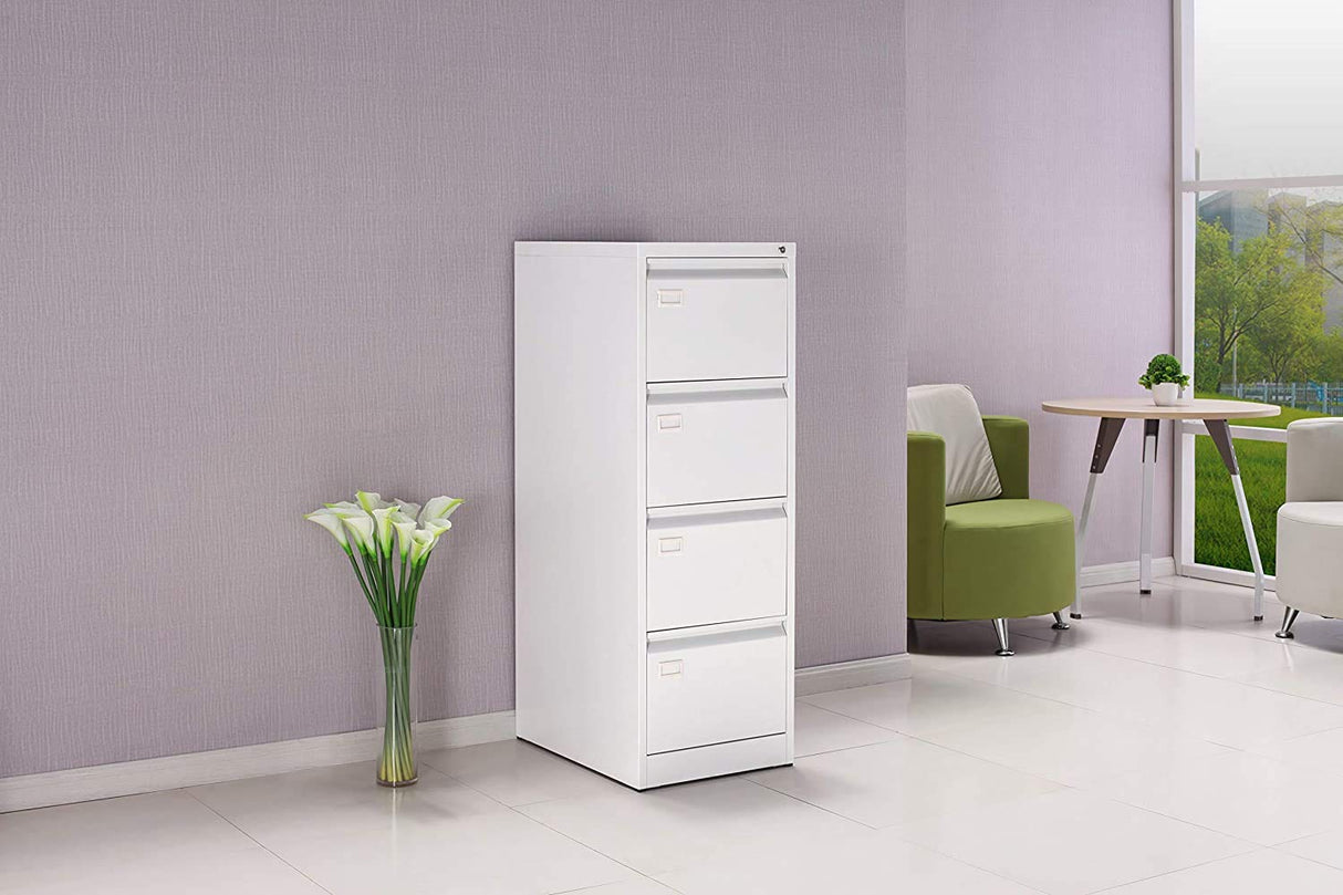Pack 4 - OFITURIA ® Archivador Metálico Tipo Bisley Organizativo De Oficina Blanco con 4 Cajones para Carpetas DIN A4 Y Folio, Documentos con Llave, 132 X 46 X 62 (4 Unidades, Blanco 4 Cajones)