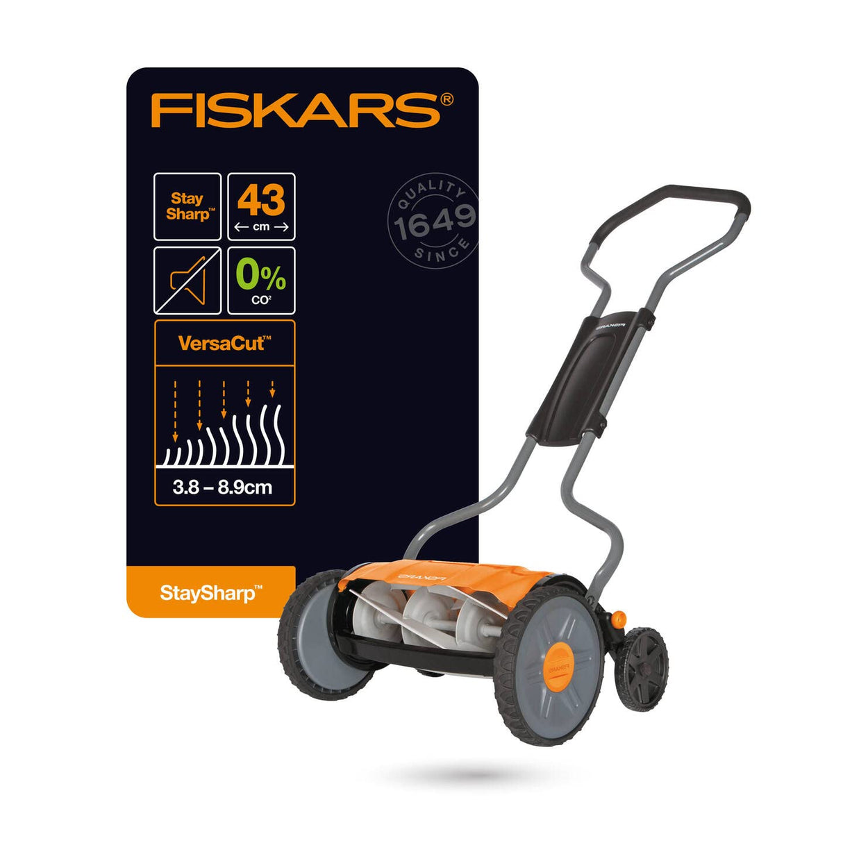 Fiskars Cortacésped manual, Cortacésped cilíndrico con sistema de corte sin fricción de las cuchillas, Largo de corte: 43 cm, StaySharp Plus, Negro/Naranja/Plateado, 1015649
