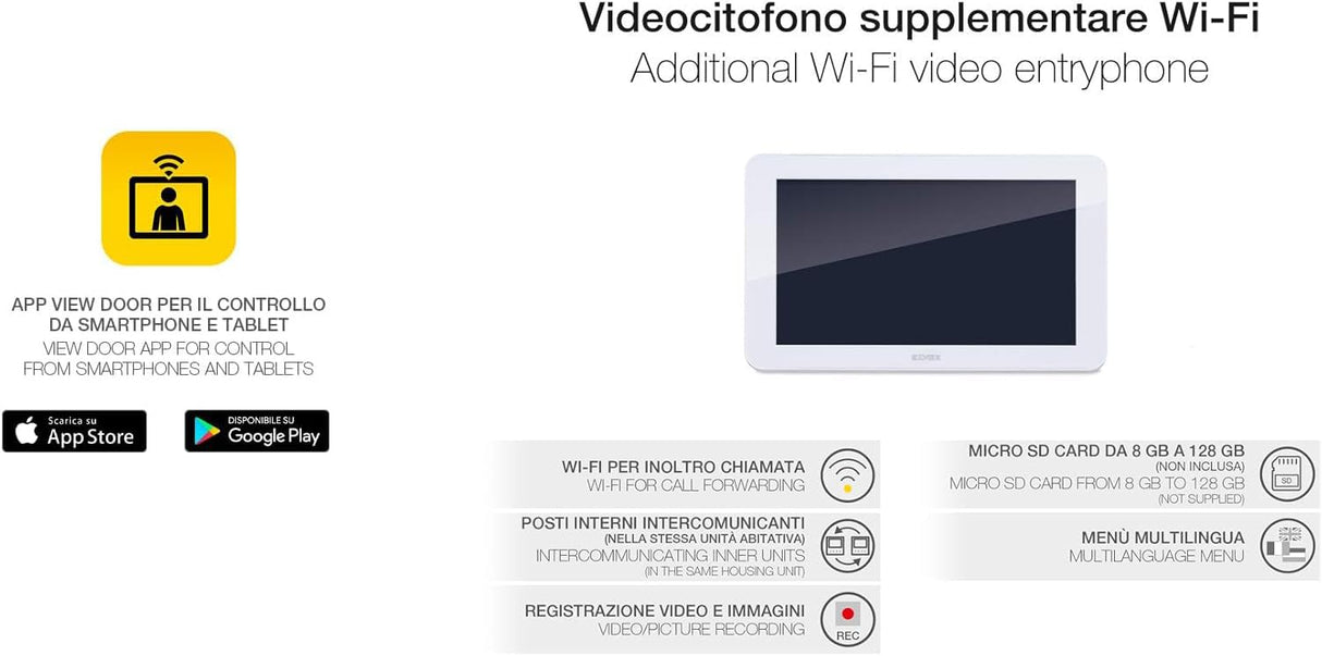Vimar K40947 Monitor Wi-Fi LCD 7 in manos libres de pantalla táctil, alimentador con clavijas intercambiables estándares europeo, británico, americano y australiano, con soporte de instalación, blanco
