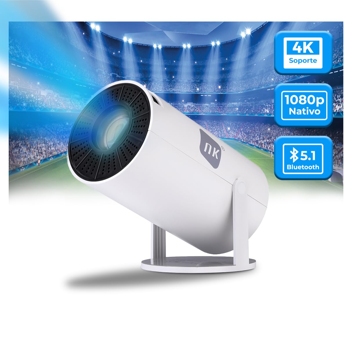 NK Mini Proyector Portátil - Resolución Full HD 1080P (Soporta 4K), Android, WiFi, Bluetooth, Mirror Link, Cristal 2.69" LCD, Altavoz Incorporado, HDMI y USB, Rotación 180°, (10'8 x 10'3 cm)
