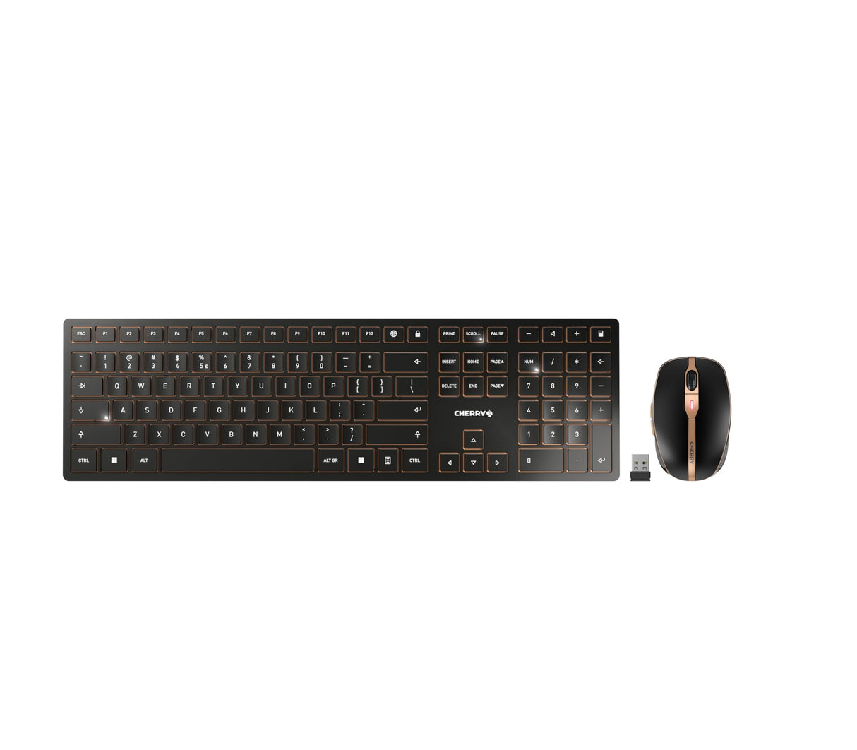 CHERRY DW 9100 SLIM, Pack de Teclado y Ratón Inalámbricos, Distribución de Teclado Europeo (QWERTY), Bluetooth y Radiofrecuencia de 2,4 GHz, Teclas Silenciosas, Recargable, Negro/Bronce