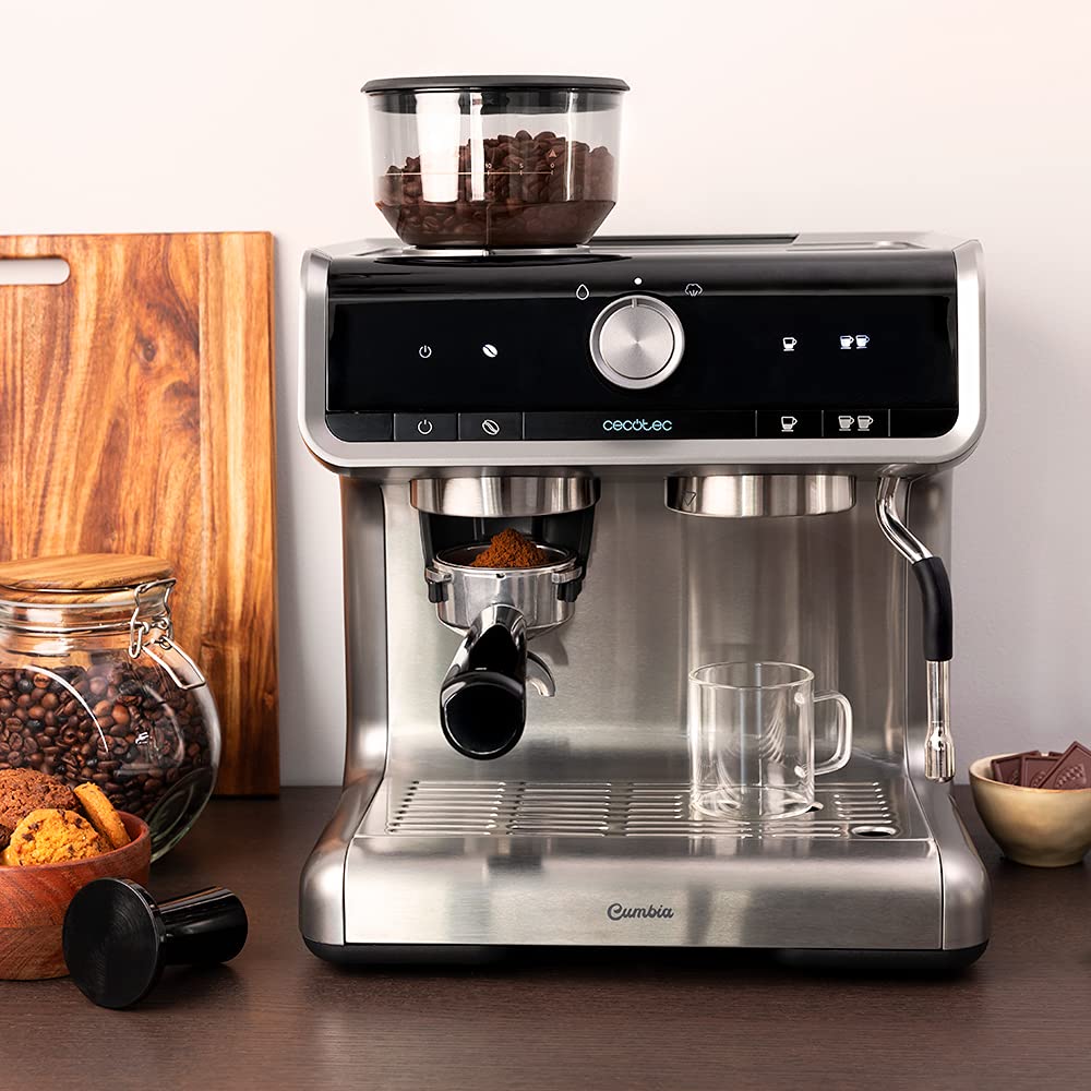 Cecotec Cafetera Express con Brazo con Doble Salida Power Espresso 20 Bares Barista Cream, 1550 W, Depósito de Café en Grano 250g, Molinillo 30 Niveles, Thermoblock, Depósito Agua 2.5 L, Acero Negro