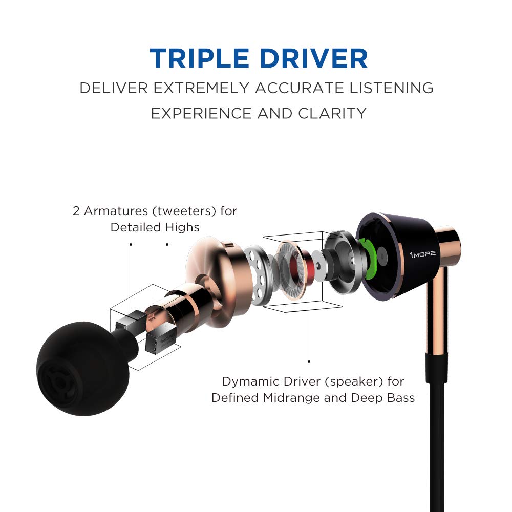 1MORE Triple-Driver HiFi Auriculares In-ear Hi-Res Audio con Cable Integrado de Control Remoto y Micrófono para iPhone y Android Teléfono móviles,E1001 Oro
