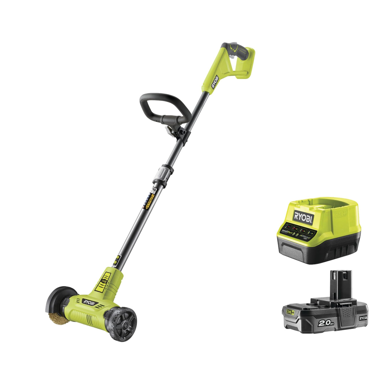 RYOBI - Limpiador de Juntas Sin Cable 18V ONE+ - Limpieza de Terrazas, Calzadas, Bordes de Piscinas - Mango Ergonómico, Tubo Telescópico - Buena Autonomía - Batería 2Ah, Cargador 1,5A, Cepillo Alambre