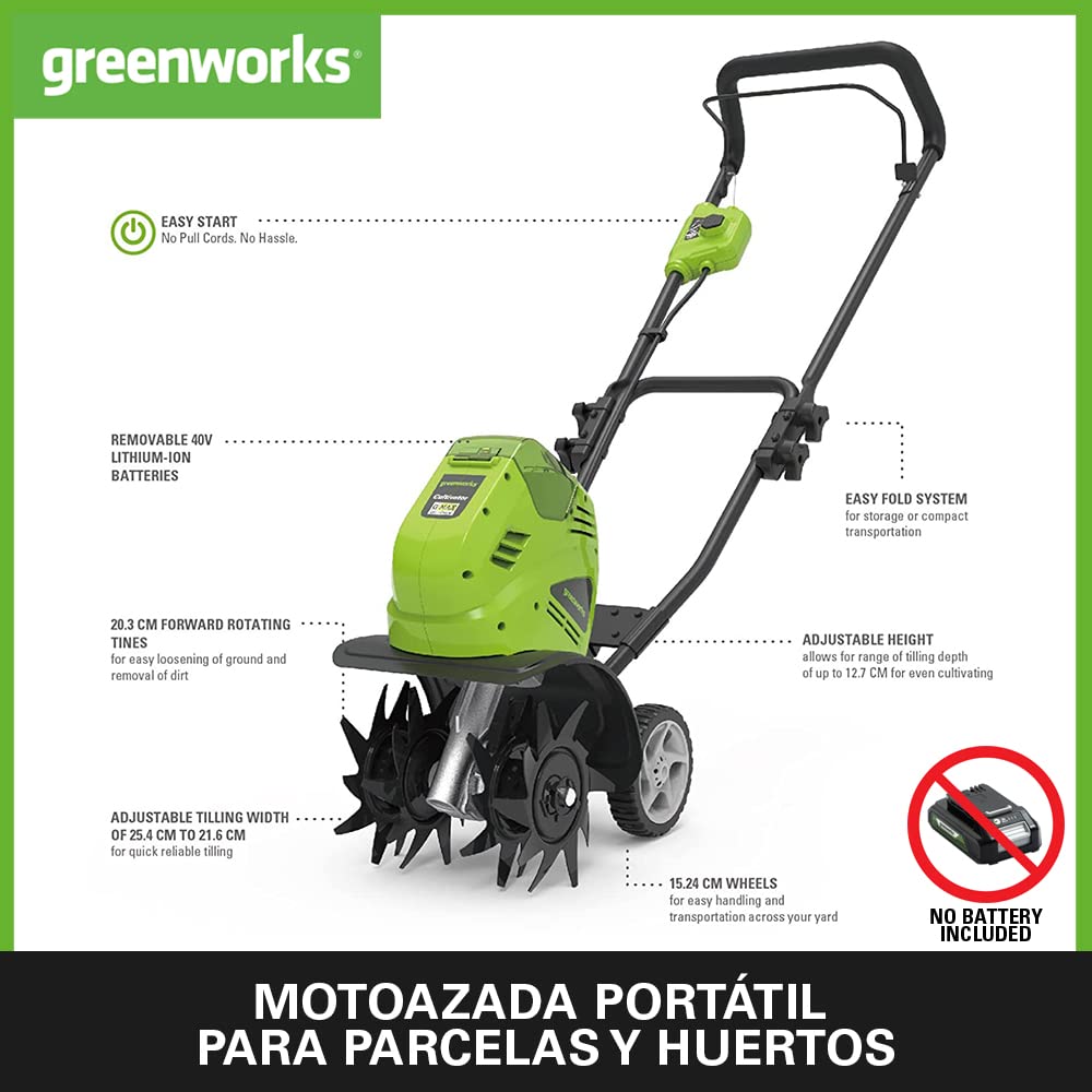 Greenworks G40TL Motoazada de Batería, Motocultor de Púas Delanteras, Ancho de Trabajo de 25 cm, Profundidad de Labranza de 13 cm SIN Batería y Cargador de 40V, Garantía de 3 Años