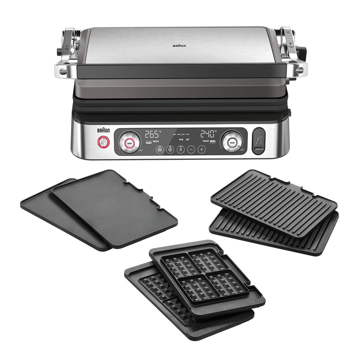 Braun MultiGrill 9 CG 9167, Plancha Eléctrica con Placas Planas, Parrilla y Gofres, 2 Termostatos Independientes, 3 Posiciones, Sonda Térmica, Apta para Lavavajillas, 2000W, Negro/Acero Inoxidable