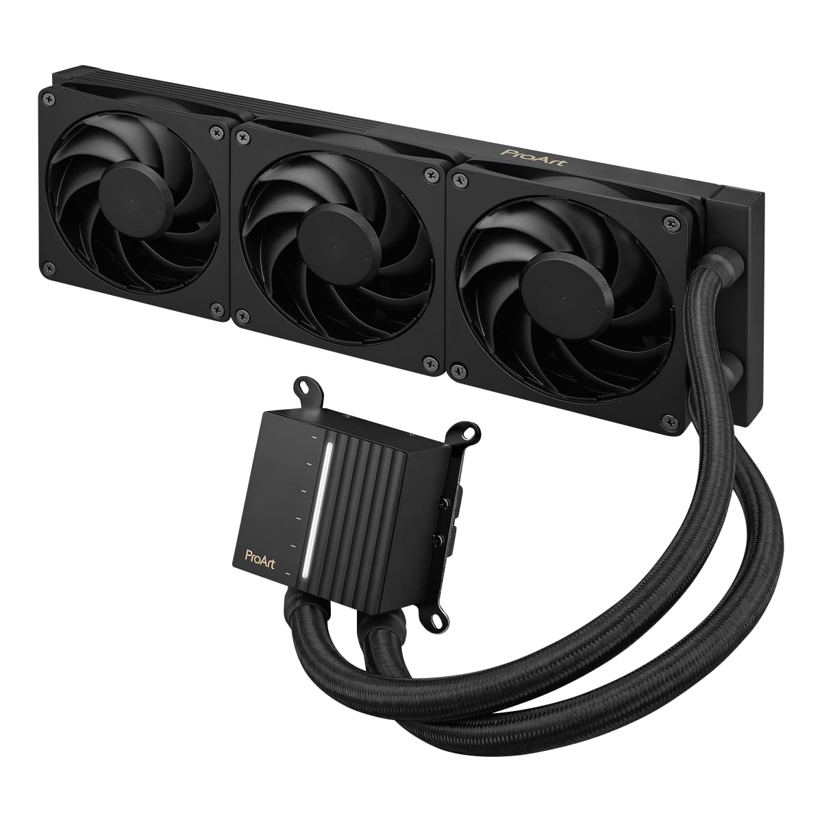 ASUS ProArt LC 360 - Sistema de refrigeración líquida AiO con medidor de estado del sistema iluminado y tres ventiladores Alphacool Apex Stealth Metal Power en negro mate