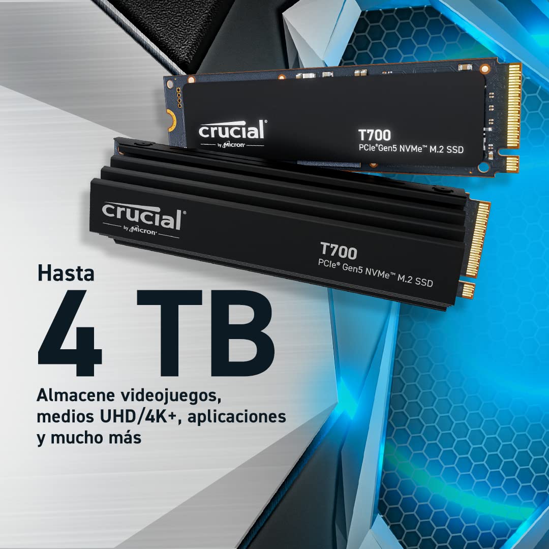 Crucial T700 SSD 4TB PCIe Gen5 NVMe M.2 SSD Interno Gaming con Disipador Premium, Hasta 12.400MB/s, Microsoft DirectStorage, Compatibilidad PCIe 4.0, Disco Duro SSD - CT4000T700SSD5