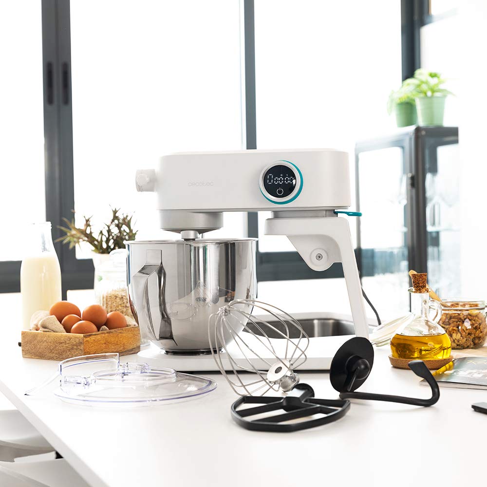 Cecotec Batidora Amasadora Twist&Fusion 4000 Luxury White. 800 W, Cuerpo de Aluminio fundido, Motor DC, 8 velocidades, Luz LED, Bol de Acero Inoxidable de 5,2 L