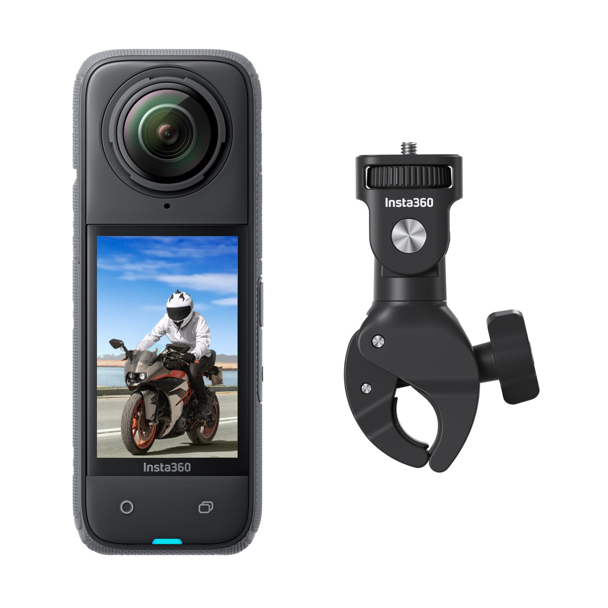 Insta360 X4 Paquete de Manillar Motero - Cámara de acción Impermeable 8K 360, Vídeo 4K Gran Angular, Efecto Selfie Stick Invisible, Protectores de Lente Extraíbles, 135 Min Batería, Edición IA