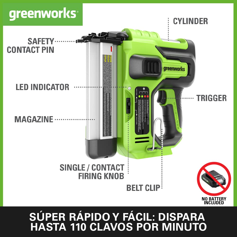 Greenworks GD24BN Clavadora a batería, Capacidad de 110 clavos, 110pcs/min para Clavos de 20-50mm 18GA SIN Batería de 24V y Cargador, Garantía de 3 Años