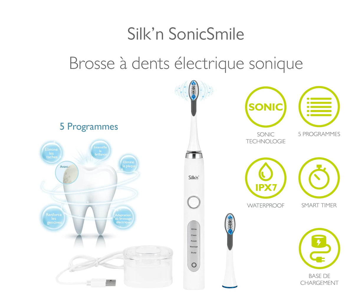 Silk'n Sonic Smile, Cepillo de dientes eléctrico con tecnología sónica, Resistente al agua, Cable USB, Blanco, SS1PEUW001