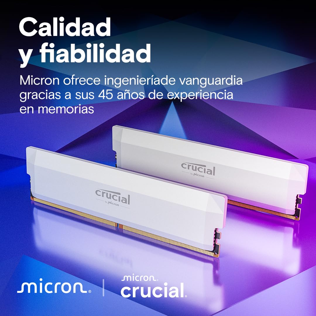 Crucial Pro RAM DDR5 64GB (2x32GB) 6400MHz CL40, Overclocking Gaming, Intel XMP 3.0 / AMD Expo, PC Memoria, Blanco - CP2K32G64C40U5W