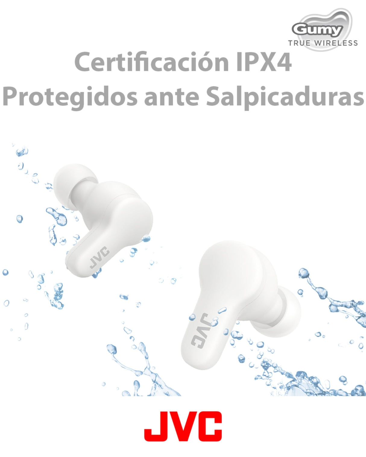 JVC Auriculares Inalámbricos Gumy con Bluetooth 5.3 - True Wireless, Recubrimiento Elástico, 24 Horas de Batería, 3 Modos de Sonido, Resistencia a Salpicaduras iPX4, HA-Z77T-W (Blanco)
