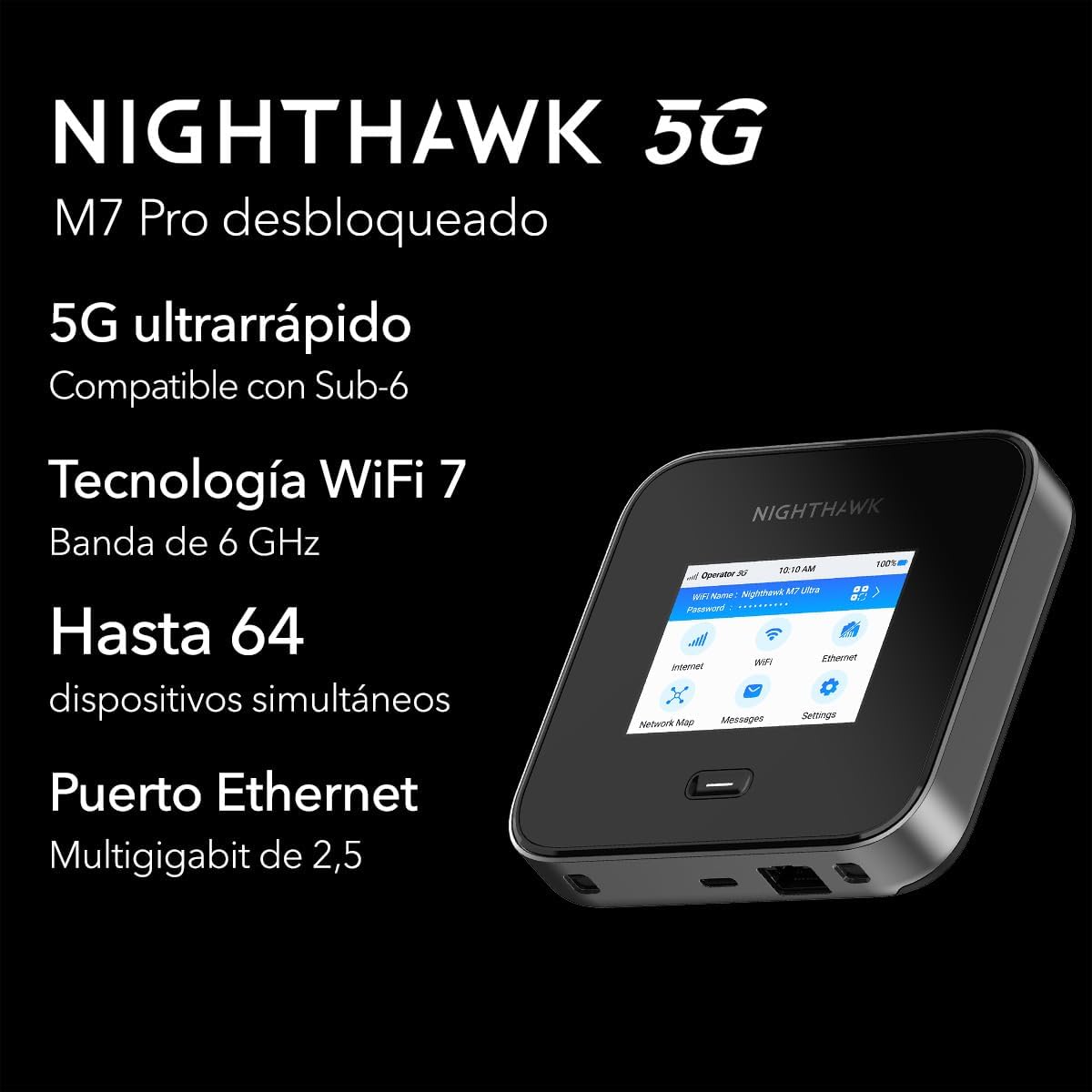 NETGEAR Nighthawk WiFi Portatil | Router 5G Sim Portatil | M7 Pro WiFi 6 | 5G Hotspot Desbloqueado con Ranura SIM, comparte hasta 32 Dispositivos, Ideal para hogar o Negocio (MR7450)