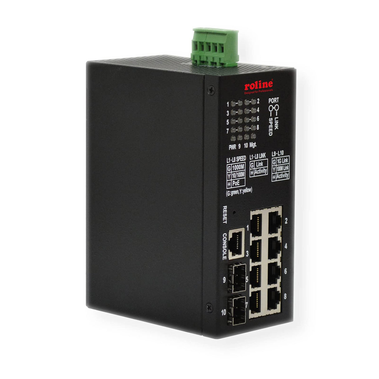 ROLINE Industrial Gigabit Switch - Conmutador de 10 Puertos (8 RJ45 + 2 SFP), PoE+, Smart Managed