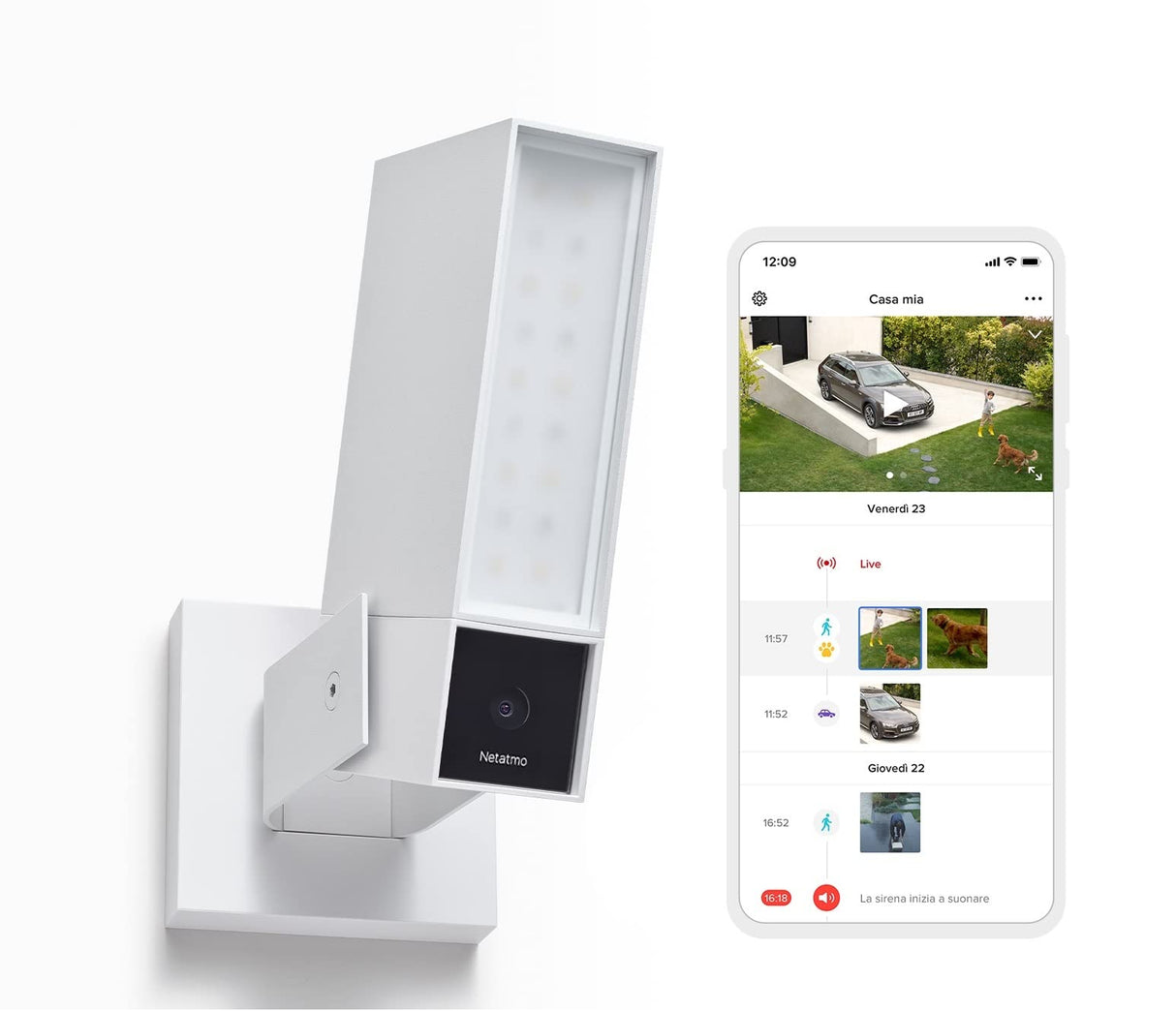 netatmo Cámara de vigilancia al Aire Libre Inteligente Sirena de 105dB, Wi-Fi, iluminación integrada, detección de Movimientos, visión Nocturna, sin suscripción, Blanco, NOC-S-W-IT