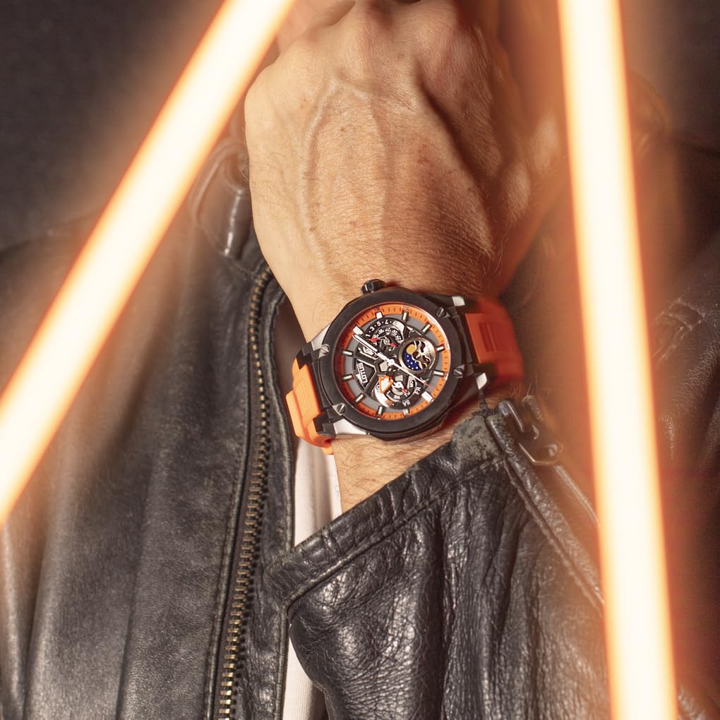 Lotus Reloj Hombre 18946/3 Vortex con Fase Lunar Caja de Acero Inoxidable 316l Negro Correa de Caucho Naranja