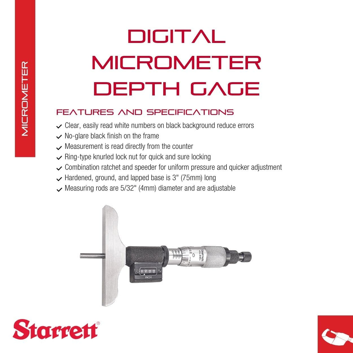 Starrett 446AZ-3RL - Medidor digital de profundidad, tope de carraca, tuerca de bloqueo, tipo micrometro, rango de 0 – 3 pulgadas, graduación de 0,001 pulgadas, precisión de +/-0,0001 pulgadas.