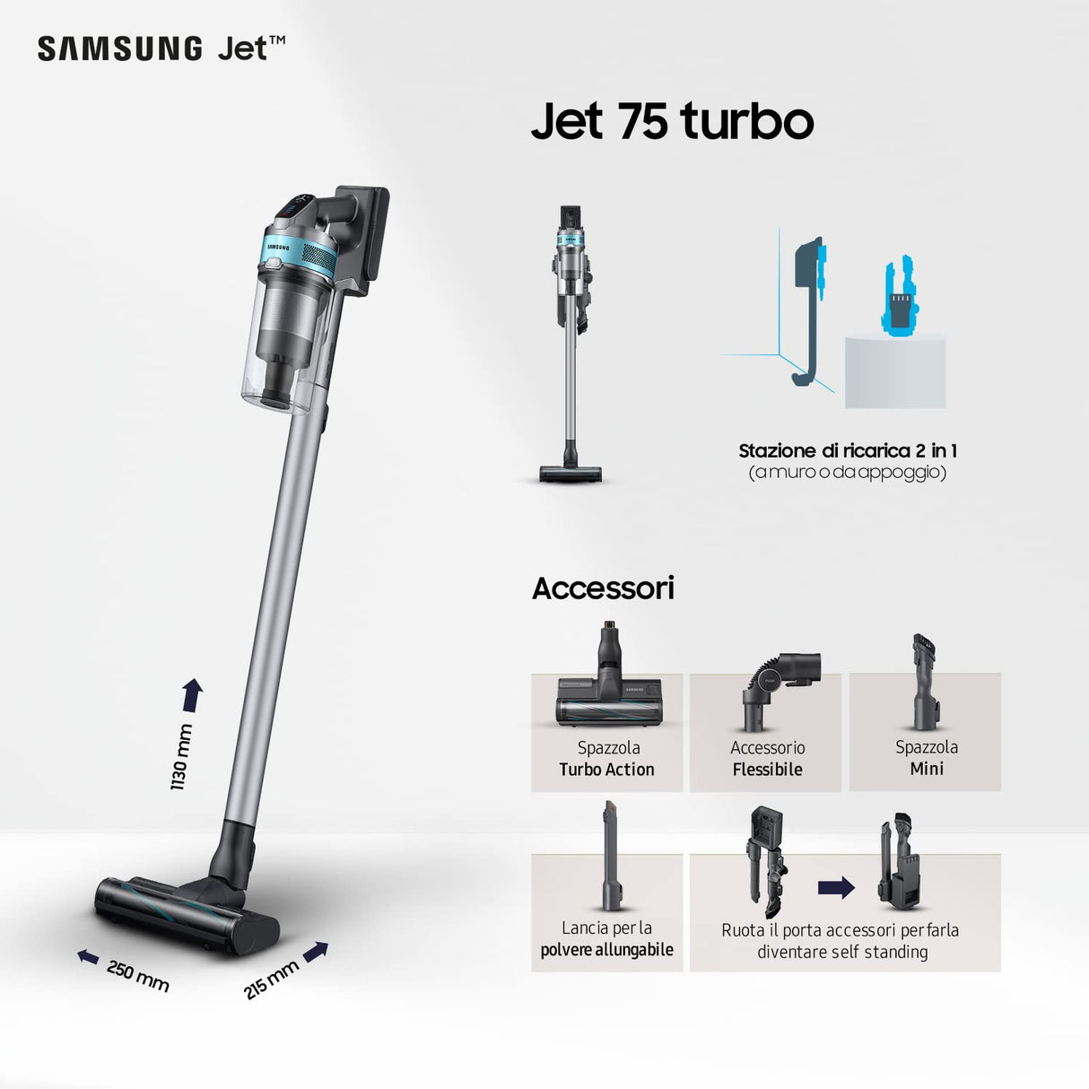 Samsung Aspirazione VS20T7531T1/ET, Samsung Jet 75 Turbo, plata negra, 4 accesorios