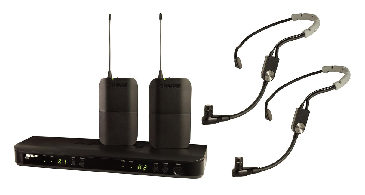 Micrófono inalámbrico Shure BLX188/SM35 UHF - Adecuado para oradores y artistas - Batería dura 14 horas, alcance de 100m - Incluye (2) micrófonos de diadema y receptor de doble canal - Banda S8