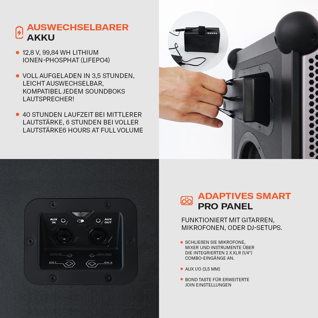 SOUNDBOKS 4 – Altavoz portátil Bluetooth 5.0 de Potencia más Alto – Diseñado en Dinamarca – batería de 40 Horas – 126 dB – inalámbrico – batería reemplazable – acoplable