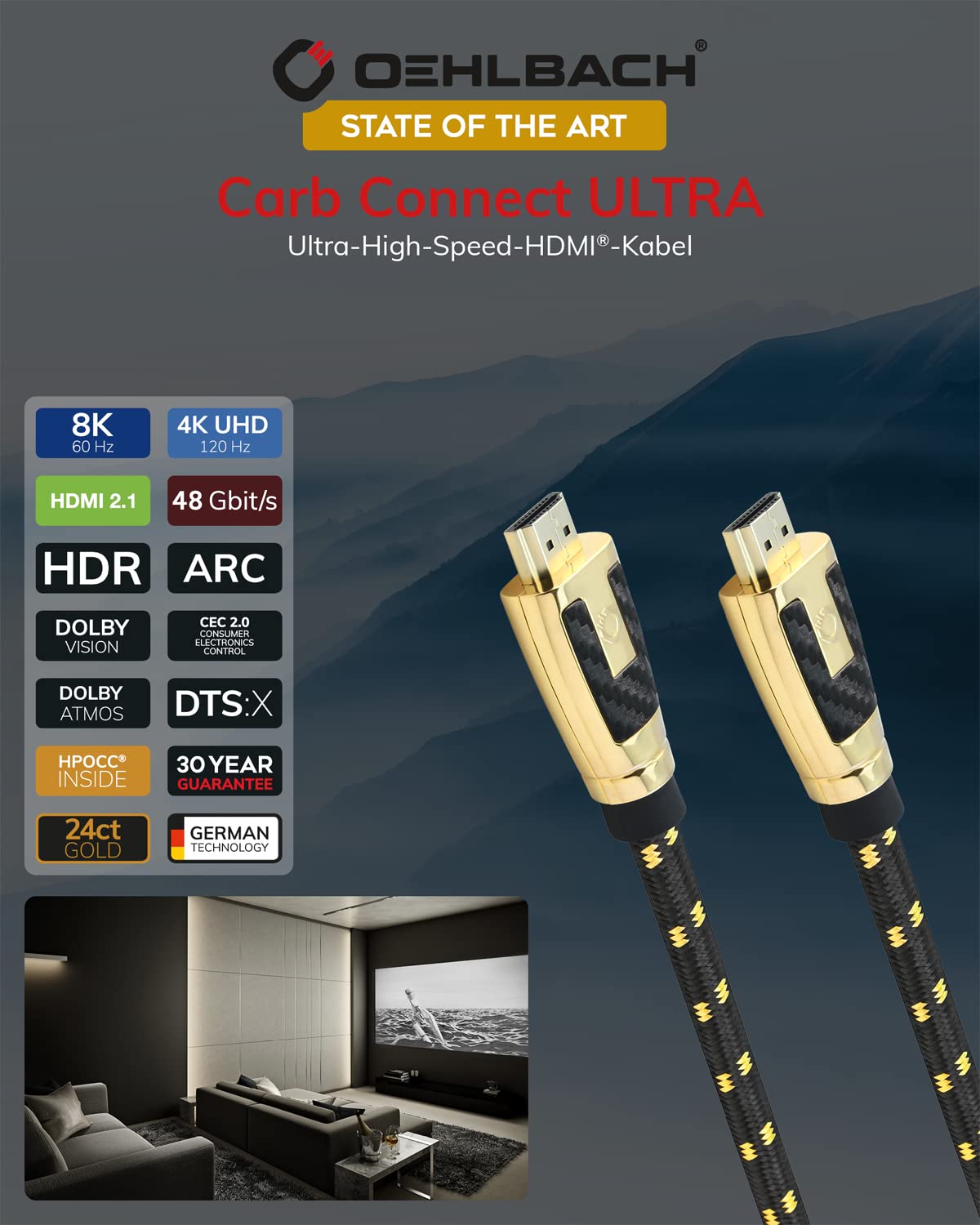 OEHLBACH Carb Connect Ultra High Speed HDMI 2.1 Cable - 48 Gbps, 8 K/60Hz, 4K/120Hz, cobre monocristalino HPOCC®, contactos chapados en oro de 24 quilates, blindaje de 4 vías, conector de metal,
