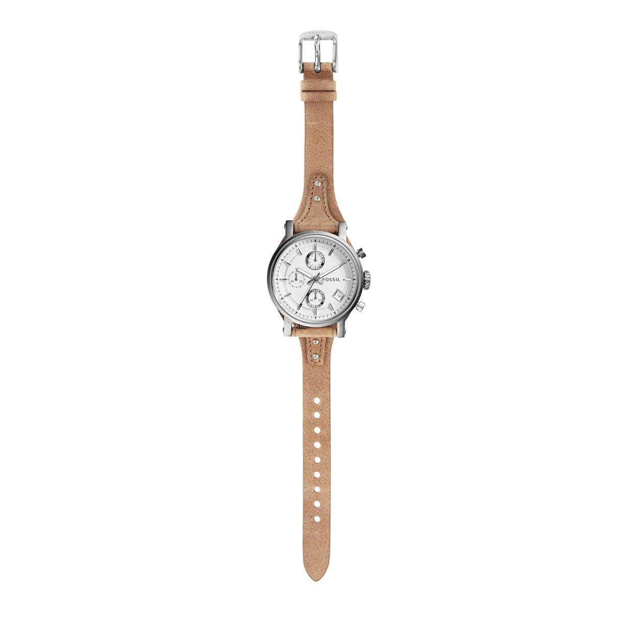 Fossil Original Boyfriend Reloj para mujer, movimiento cronógrafo con correa de acero o piel, Beige y plata, 38MM