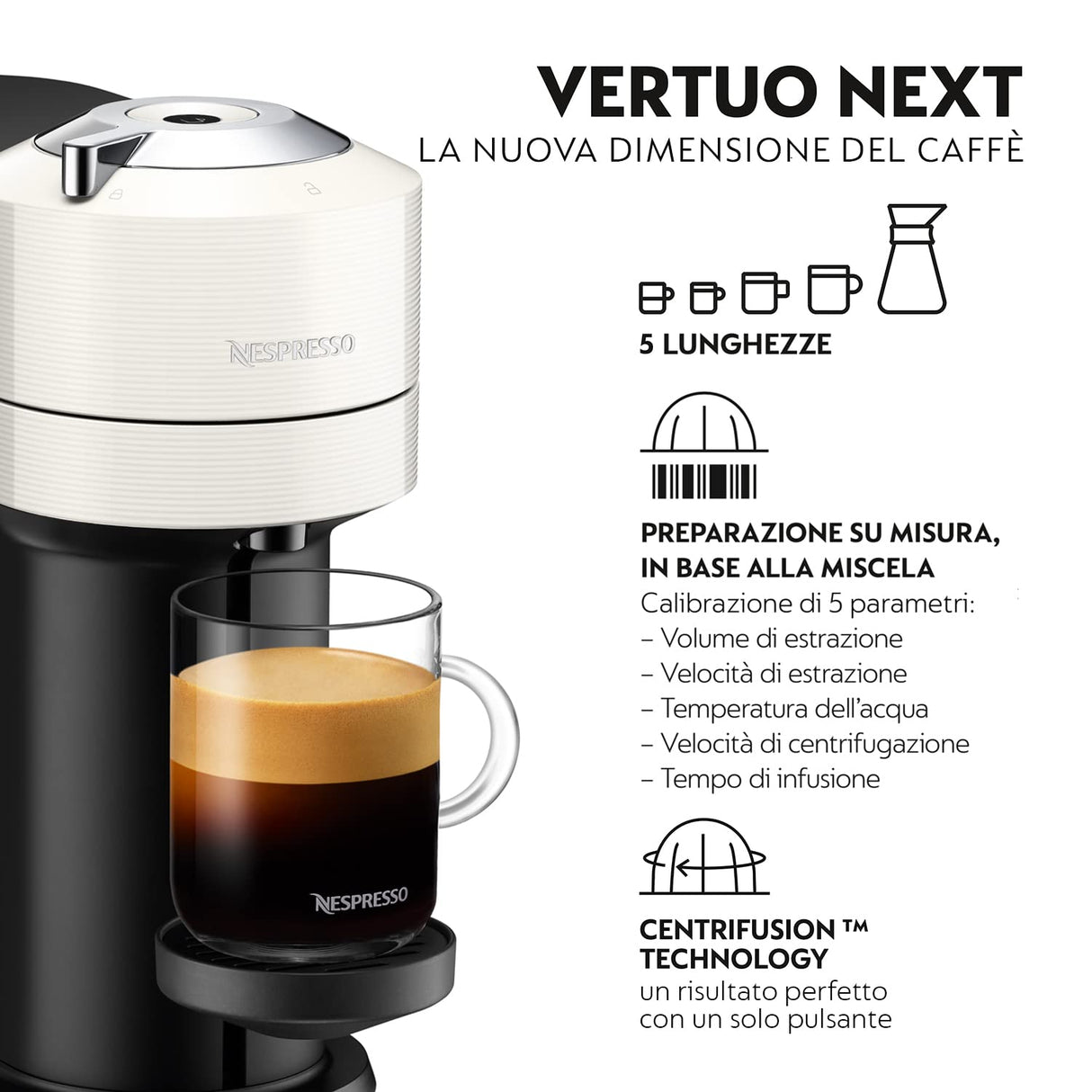 De'Longhi Cafetera Nespresso Vertuo Next, Cafetera Express de Cápsulas de Café Superautomática, Máquina de Café con Wifi y Bluetooth, ENV120.W, Blanco