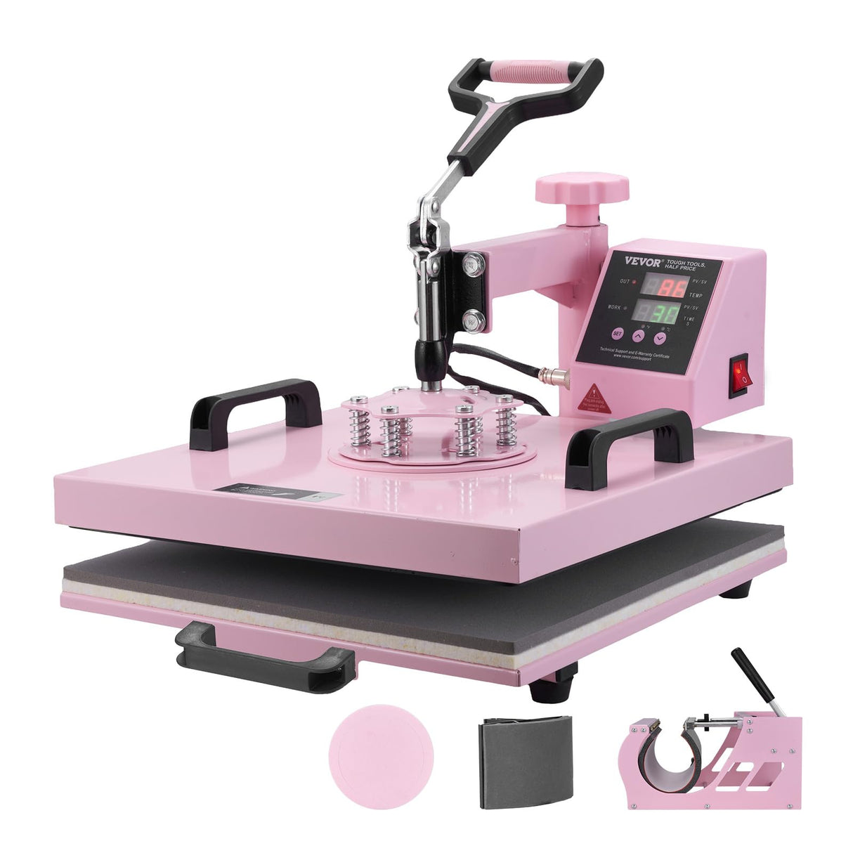 VEVOR 5 en 1 Máquina de Prensado por Calor con Prensa de Vaso de 887ml, 380 x 380 mm, Prensa Térmico con Giro de 360° y Control Digital Preciso para Camisetas, Tazas, Sombreros y Platos, Rosa
